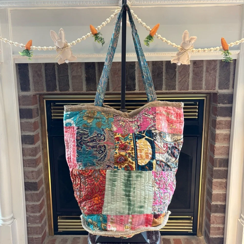 Karma Highway Colorful Patchwork Tote Bag Jute Lining Round Bottom NWT